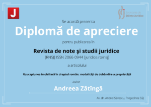 Diplomă de apreciere publicare articol juridic uzucapiunea imobiliară