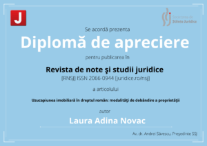 Diplomă de apreciere publicare articol juridic uzucapiunea imobiliară